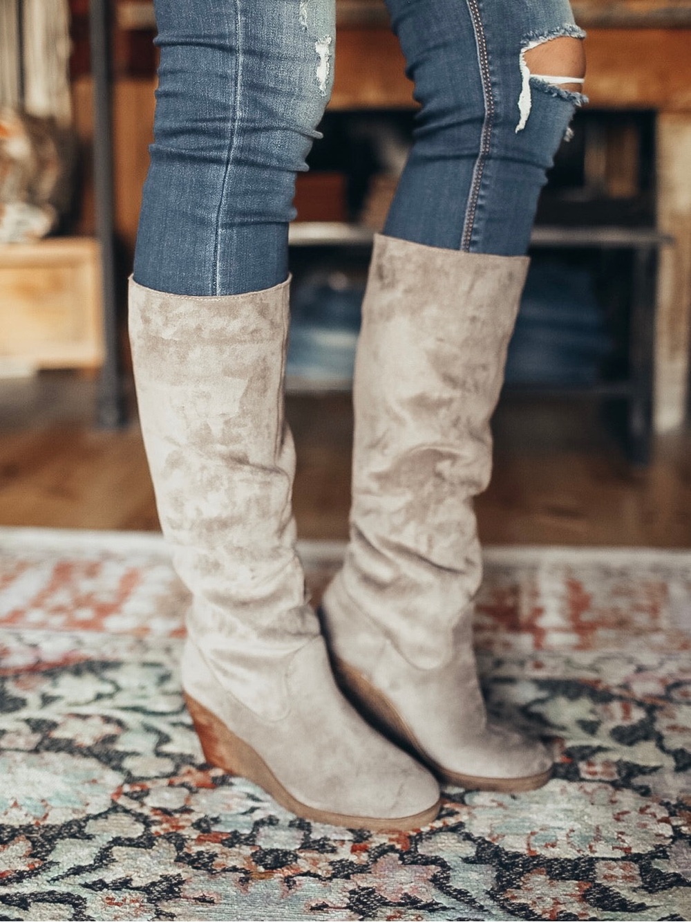 Classic Suede Knee-High Wedge Boot - Taupe